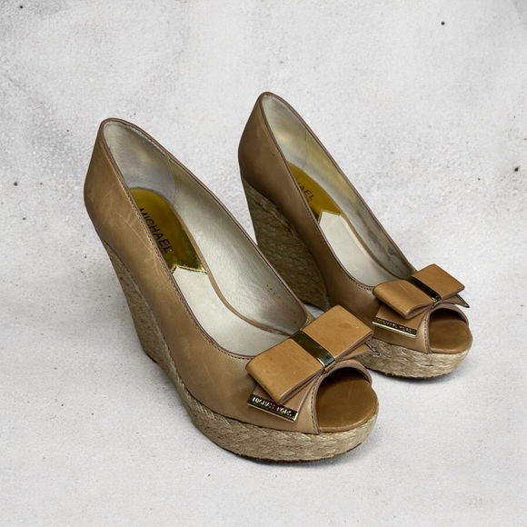 Michael Kors Tan Leather Wedge Heels 7.5M - Picture 1 of 12